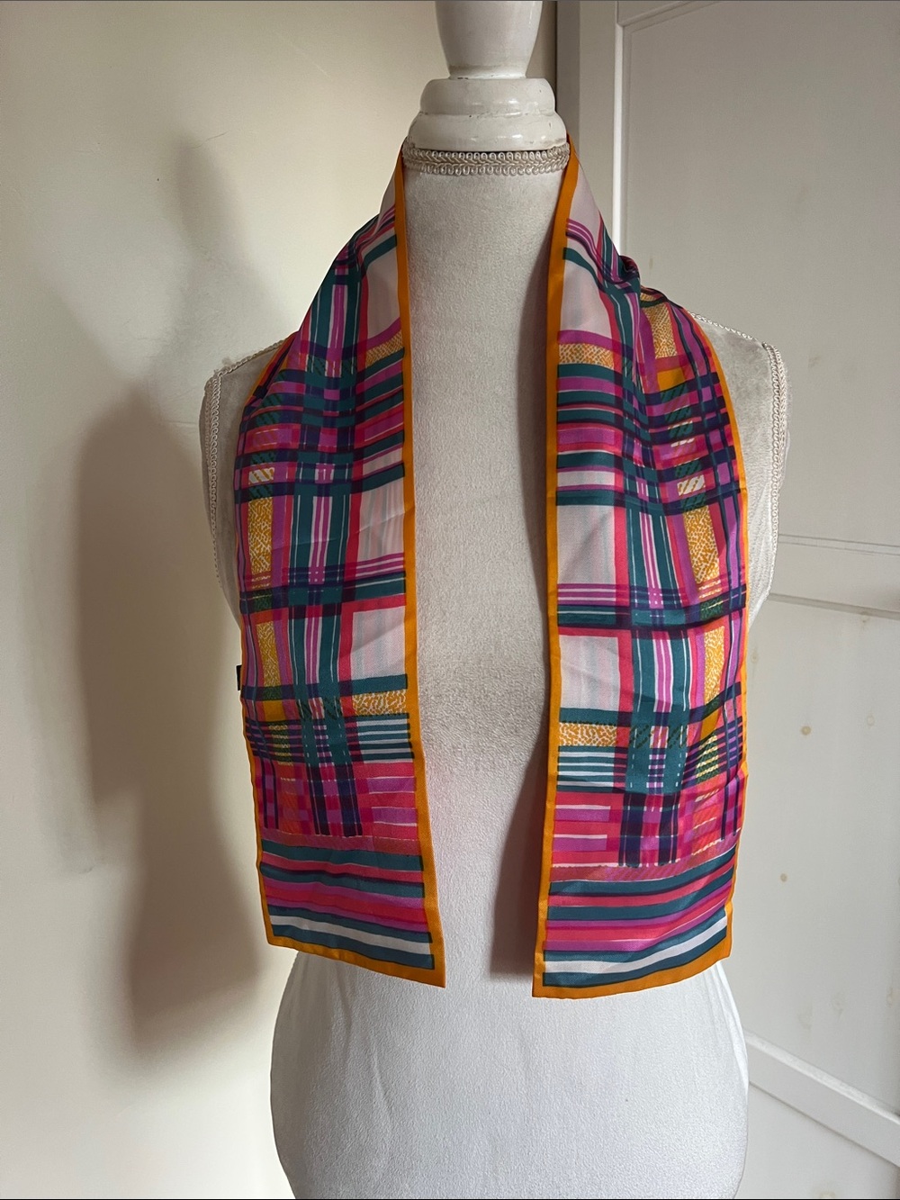 Vintage Colorful Plaid Silk Scarf Twill Orange Yellow Pink Teal Head/Neck Scarf